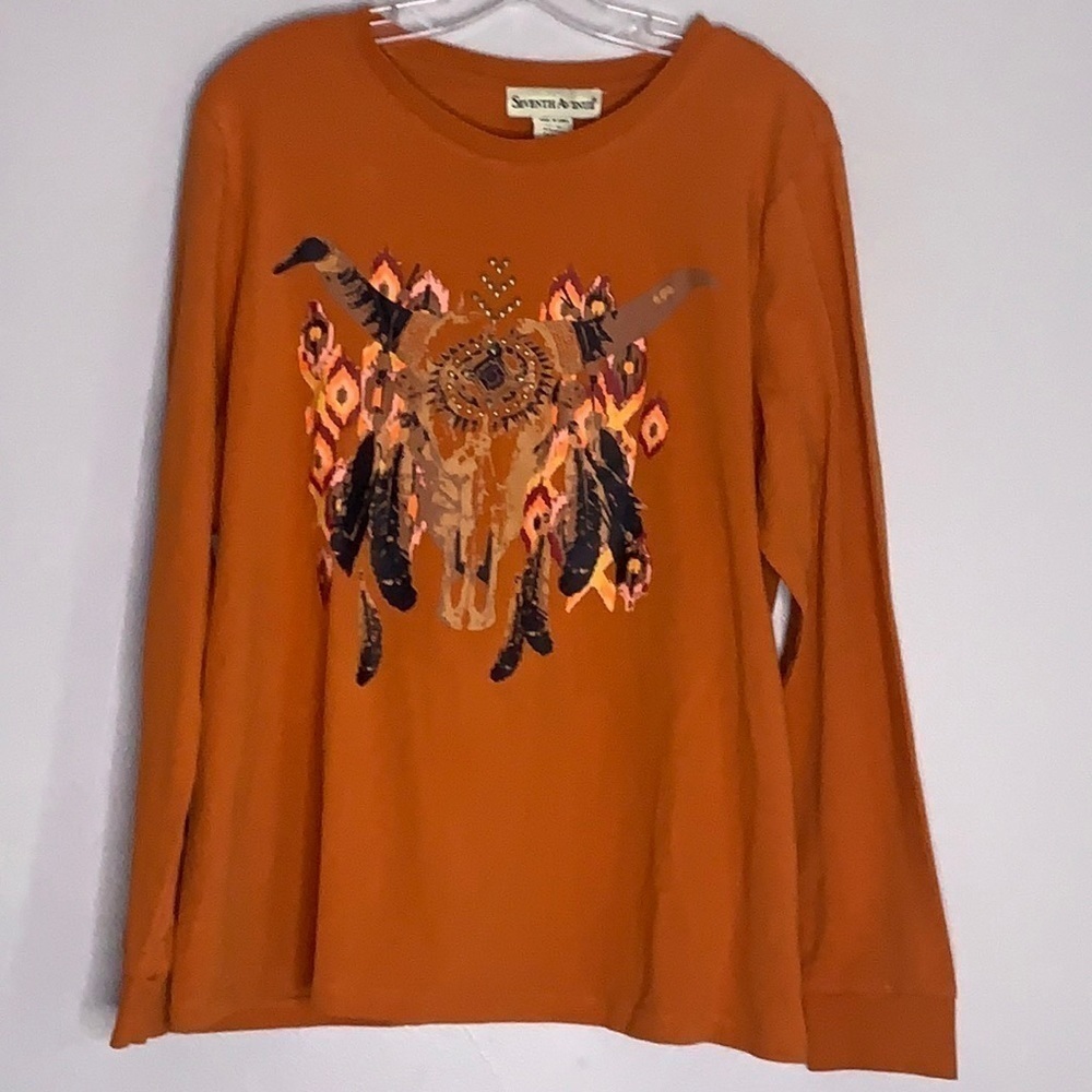 Seventh Avenue long sleeve orange Bohemian bull T-shirt stud detail women’s XL